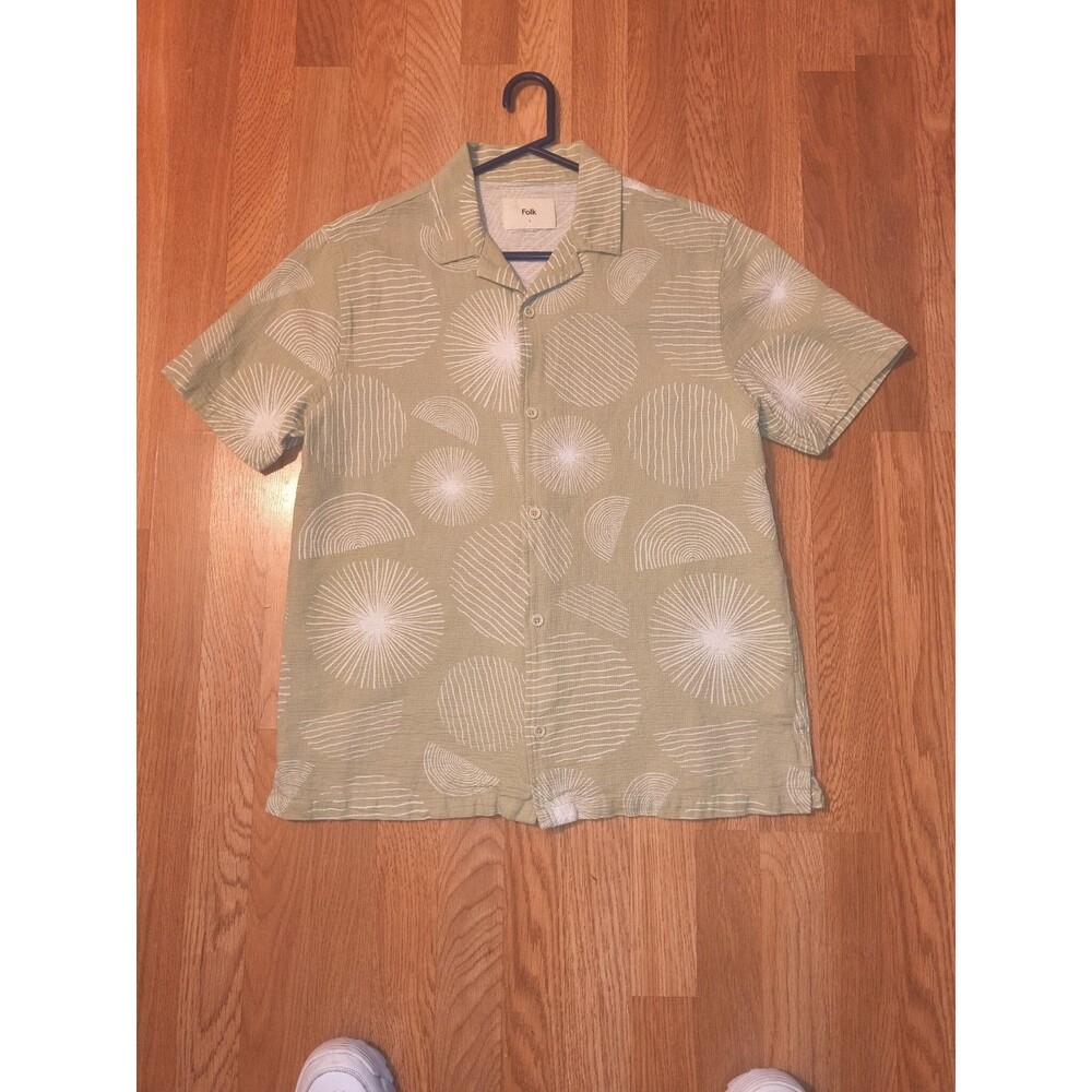 Folk Mens Short Sleeve Shirt Large L Light Green Patterned Cotton Casual